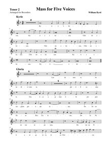 Partition ténor enregistrement  2, Mass pour Five voix, Byrd, William
