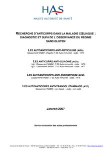 Recherche d’autoanticorps  diagnostic de la maladie cœliaque et suivi de l’observance du régime sans gluten - Rapport Maladie coeliaque