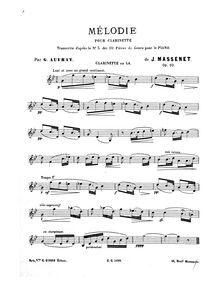Partition clarinette , partie (en A), Dix pièces de genre, Massenet, Jules