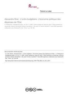 Alexandre Siné : L ordre budgétaire. L économie politique des dépenses de l Etat   ; n°3 ; vol.24, pg 182-186