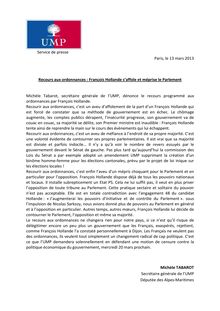 Communiqué de presse de l UMP: Recours aux ordonnances - François Hollande s’affole et méprise le Parlement