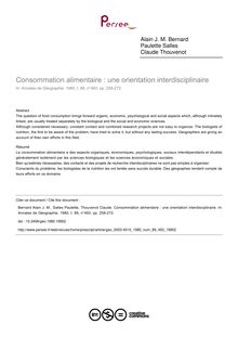 Consommation alimentaire : une orientation interdisciplinaire - article ; n°493 ; vol.89, pg 258-272