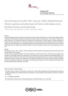Paul Dorveaux (21 juillet 1851-7 janvier 1938), bibliothécaire de l École supérieure de pharmacie de Paris et cofondateur de la Société d histoire de la pharmacie - article ; n°340 ; vol.91, pg 569-590