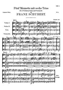 Partition complète, 5 menuets avec 6 Trios pour corde quatuor, D.89