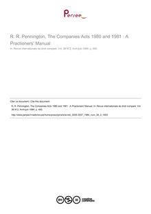 R. R. Pennington, The Companies Acts 1980 and 1981 : A Practioners  Manual - note biblio ; n°2 ; vol.36, pg 450-450