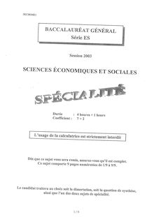 Baccalaureat 2003 sciences economiques et sociales (ses) specialite sciences economiques et sociales