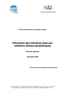 Prévention des infections liées aux cathéters veineux périphériques - Catheters veineux SFHH 2005 - Synthèse des recommandations