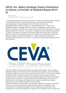 CEVA, Inc. Makes Strategic Equity Investment in Antcor, a Provider of Software-Based Wi-Fi IP