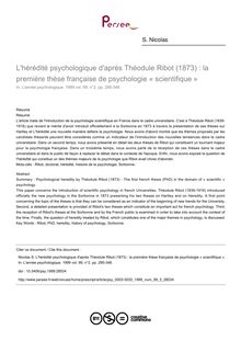 L hérédité psychologique d après Théodule Ribot (1873) : la première thèse française de psychologie « scientifique » - article ; n°2 ; vol.99, pg 295-348