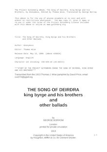 The Song of Deirdra, King Byrge and his Brothers - and Other Ballads