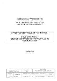 Corrige BACPRO INFORMATIQUE Etude des supports et protocoles de communication 2003