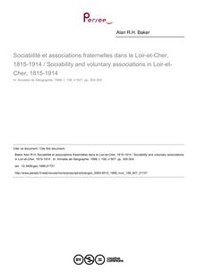 Sociabilité et associations fraternelles dans le Loir-et-Cher, 1815-1914 / Sociability and voluntary associations in Loir-et-Cher, 1815-1914  - article ; n°607 ; vol.108, pg 300-304