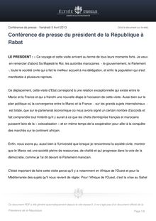 Communiqué de presse de l Elysée : Conférence de presse du président de la République à Rabat