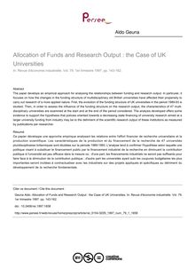 Allocation of Funds and Research Output : the Case of UK Universities - article ; n°1 ; vol.79, pg 143-162