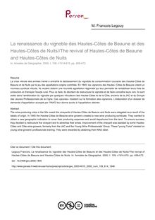 La renaissance du vignoble des Hautes-Côtes de Beaune et des Hautes-Côtes de Nuits//The revival of Hautes-Côtes de Beaune and Hautes-Côtes de Nuits - article ; n°614 ; vol.109, pg 459-472