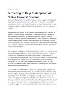 Lutte contre le terrorisme : communiqué Facebook sur l'engagement de Facebook, Microsoft, Twitter et YouTube contre le terrorisme