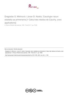 Dragoslav S. Mitrinovic i Jovan D. Keckic, Cauchyjev racun ostataka sa primenama [= Calcul des résidus de Cauchy, avec applications]  ; n°1 ; vol.34, pg 79-80