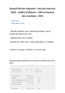 Gerard Perrier Industrie - tres bel exercice 2013 : chiffre d affaires + 10% et hausse des resultats + 20%