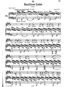 Partition complète, transposition pour low voix, Rastlose Liebe, D.138 (Op.5 No.1)
