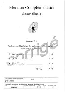 Corrige MC SOMMELLERIE Technologie  legislation des boissons  et gestion appliquee 2005