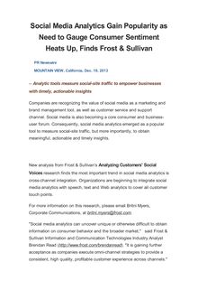 Social Media Analytics Gain Popularity as Need to Gauge Consumer Sentiment Heats Up, Finds Frost & Sullivan