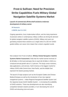 Frost & Sullivan: Need for Precision Strike Capabilities Fuels Military Global Navigation Satellite Systems Market