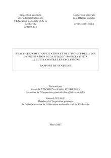Evaluation de l application et de l impact de la loi d orientation du 29 juillet 1998 relative à la lutte contre les exclusions : Rapport de synthèse