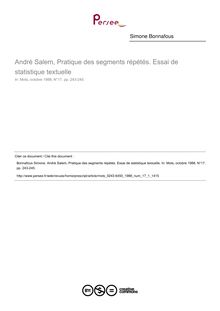 André Salem, Pratique des segments répétés. Essai de statistique textuelle  ; n°1 ; vol.17, pg 243-245
