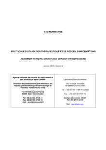 Protocole d utilisation thérapeutique et de recueil d informations : ZANAMIVIR 10 mg/ml, solution à diluer pour perfusion intraveineuse 04/02/2013
