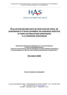 Rapports d évaluation de la CNEDiMTS - Evaluation des implants de réfection de paroi