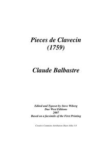 Partition complète, pièces de Clavecin, Premier Livre, Balbastre, Claude-Bénigne
