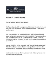 Décès de Claude Durand : l hommage de l Elysée