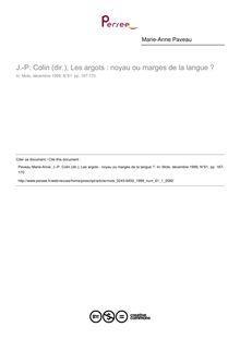 J.-P. Colin (dir.), Les argots : noyau ou marges de la langue ?  ; n°1 ; vol.61, pg 167-170