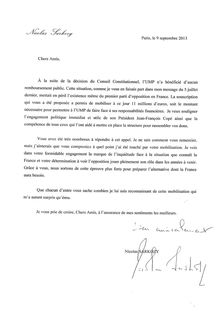 Lettre de remerciement de Nicolas Sarkozy aux donateurs de l UMP