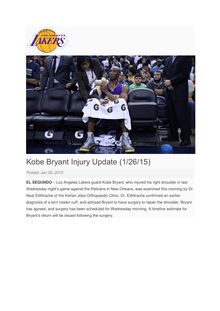 NBA - Kobe Bryan aura une opération mercredi matin