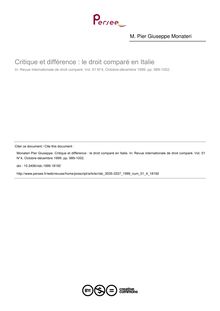 Critique et différence : le droit comparé en Italie - article ; n°4 ; vol.51, pg 989-1002