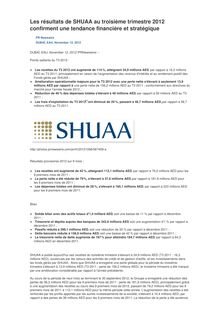 Les résultats de SHUAA au troisième trimestre 2012 confirment une tendance financière et stratégique