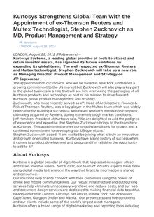 Kurtosys Strengthens Global Team With the Appointment of ex-Thomson Reuters and Multex Technologist, Stephen Zucknovich as MD, Product Management and Strategy