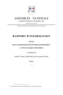 Rapport d information déposé par la commission des affaires européennes sur le brevet européen à effet unitaire