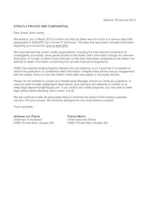HSBC - la lettre adressée aux clients concernant l imminence des révélations