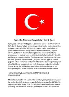 Prof. Dr. Mümtaz Soysal dan Kritik Çağrı