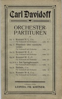 Partition couverture couleur, violoncelle Concerto No.1, Op.5, Cello Concerto No.1, Op.5, in B minor for cello and orchestra (1859)