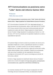NTT Communications se posiciona como "Líder" dentro del informe Gartner 2014