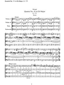 Partition complète, corde quatuor No.11, E♭ major, Mozart, Wolfgang Amadeus