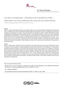 Les lacs montagnards : indicateurs de la qualité du milieu. Application aux lacs d altitude des réserves de Haute-Savoie - article ; n°3 ; vol.88, pg 9-22