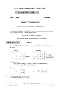 Mathématiques I 2002 BTS Informatique de gestion