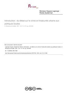 Introduction : du débat sur le crime et l insécurité urbaine aux politiques locales - article ; n°3 ; vol.15, pg 233-255