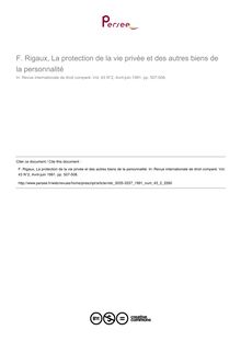 F. Rigaux, La protection de la vie privée et des autres biens de la personnalité - note biblio ; n°2 ; vol.43, pg 507-508