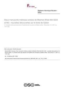 Deux manuscrits médicaux arabes de Meshed (Rida tibb 5223 et 80) : nouvelles découvertes sur le texte de Galien - article ; n°2 ; vol.145, pg 1197-1222
