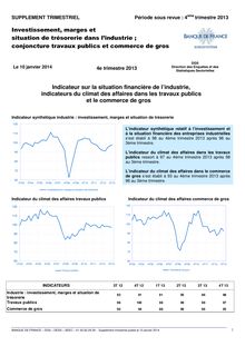 Banque de France : Investissement, marges et situation de trésorerie dans l’industrie ; conjoncture travaux publics et commerce de gros (4ème trimestre 2013)